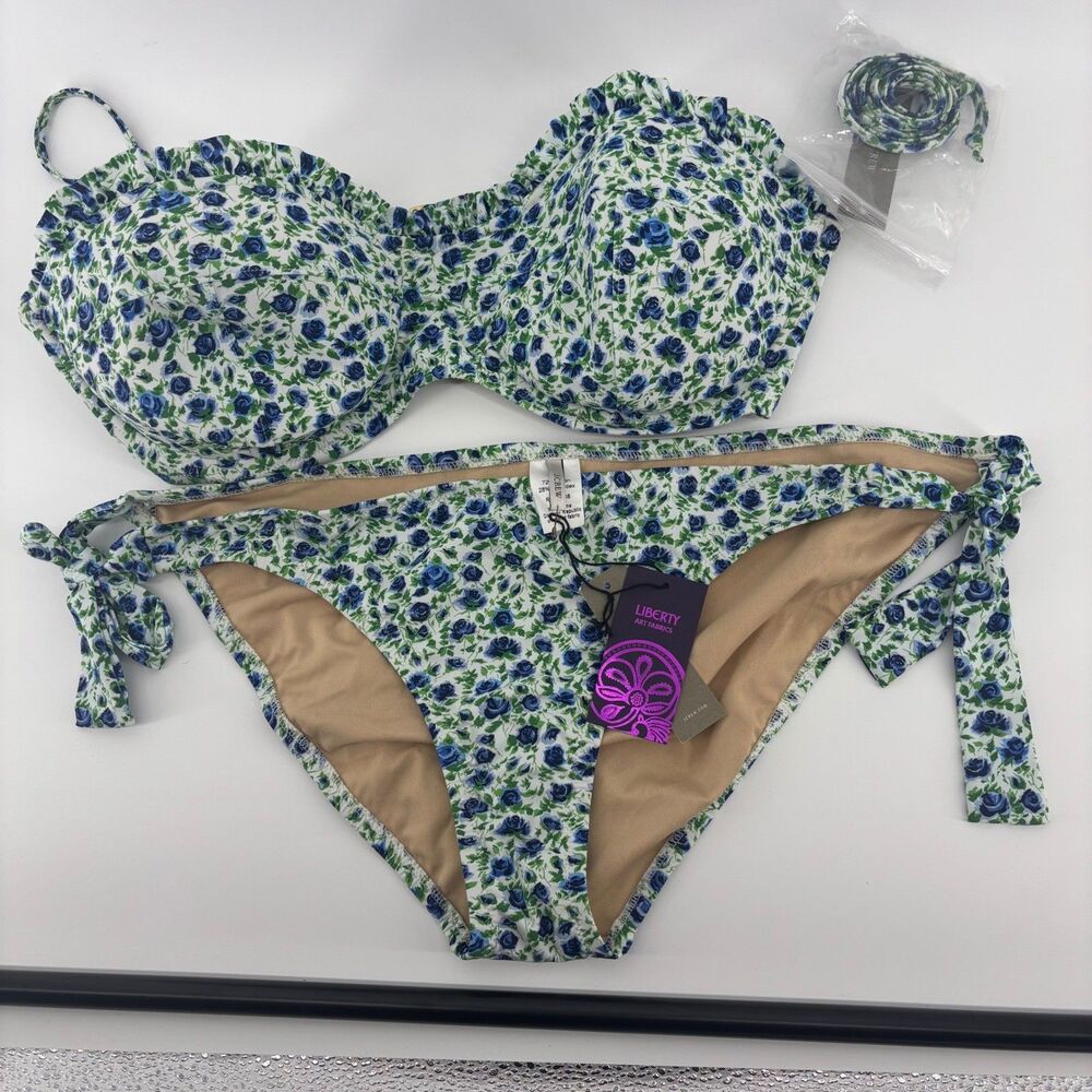 J. Crew Bikini Set Blue Floral Liberty Art Fabrics Women 38D XL Ruffle A1502 NEW